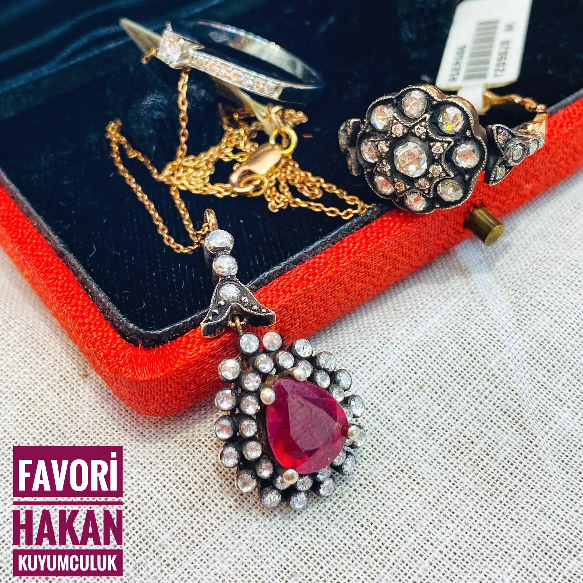 Antika Damla Yakut ve Elmas Taşlı Kolye