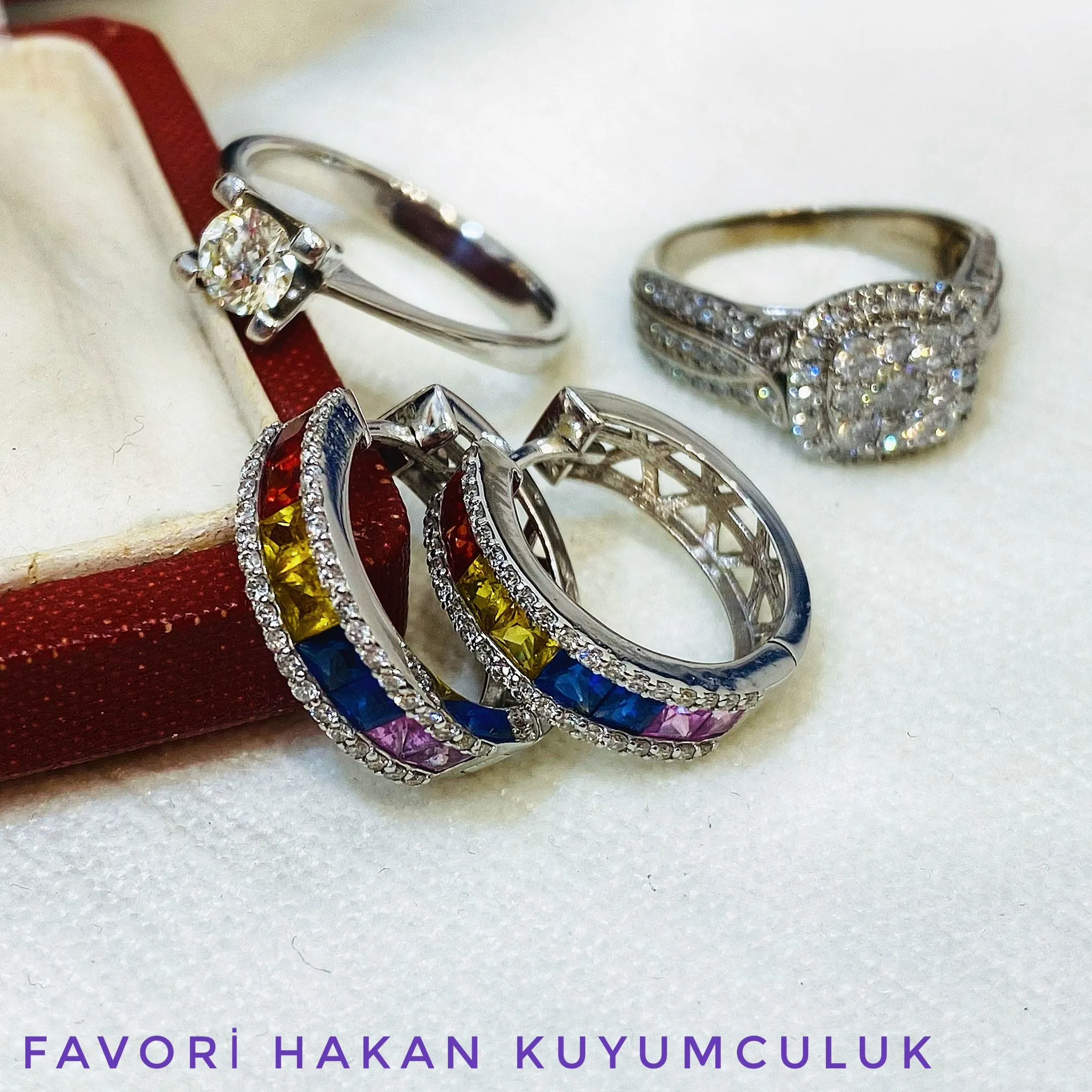 Pırlanta, Safir, Yakut, Citrin, Pembe Quartz Taşlı Halka Küpe