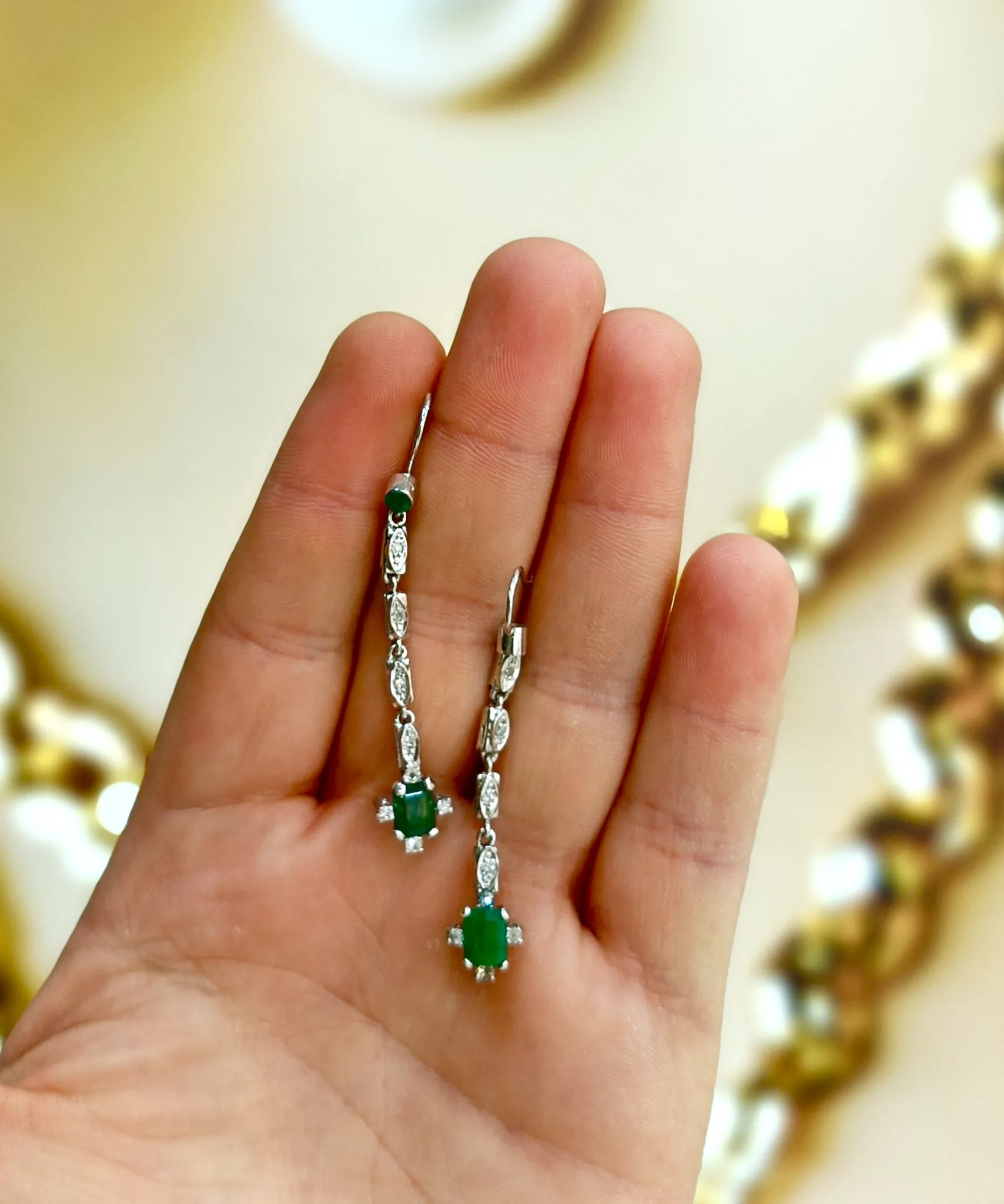 Vintage Tasarım Sallantılı Zümrüt Ve Pırlanta Küpe