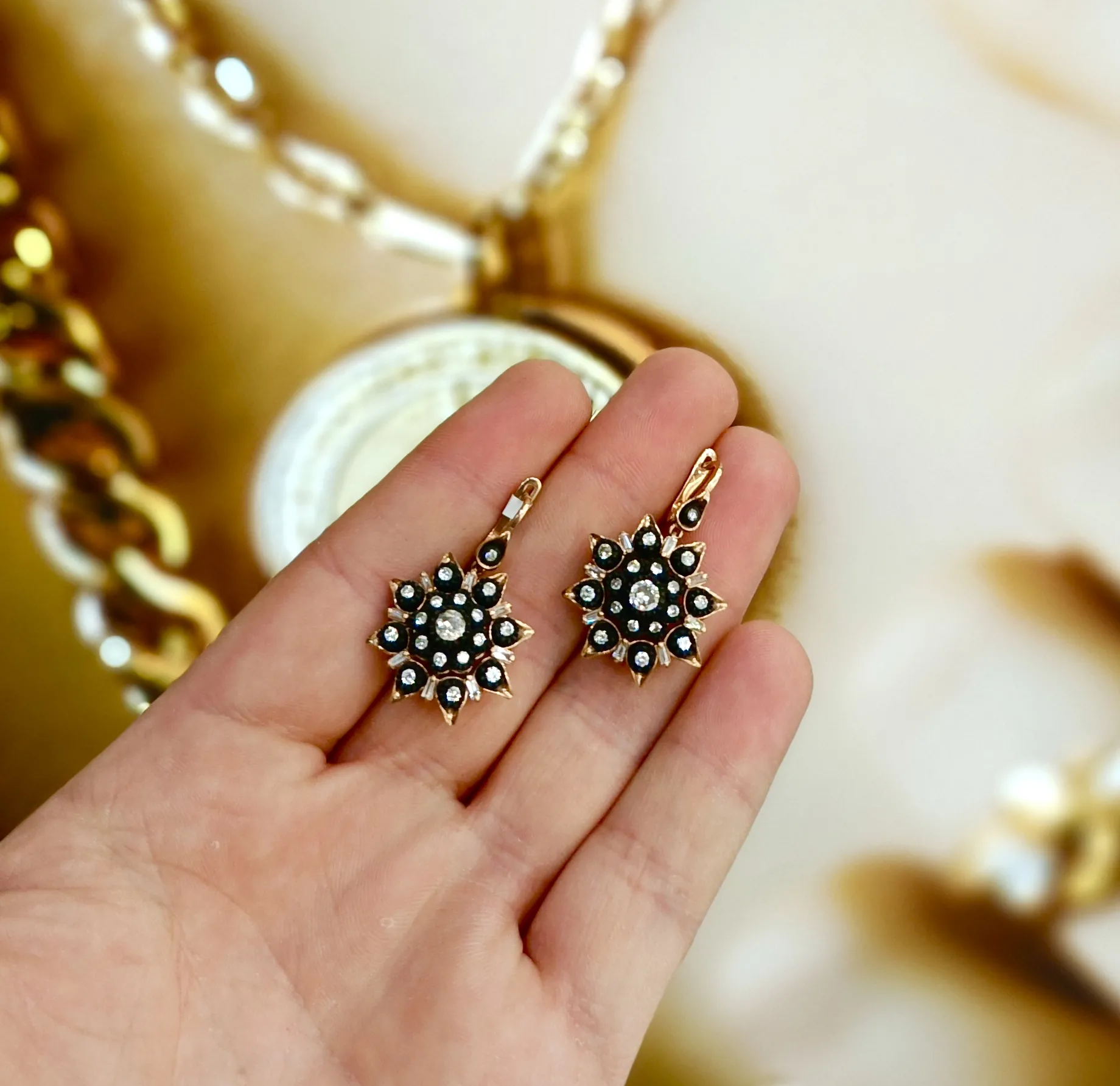 Vintage Elmas Ve Pırlanta Gül Küpe