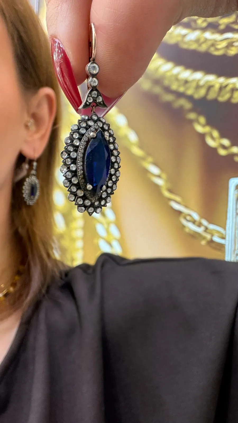 Antika Markiz Safir ve Elmas Taşlı Sallantılı Küpe