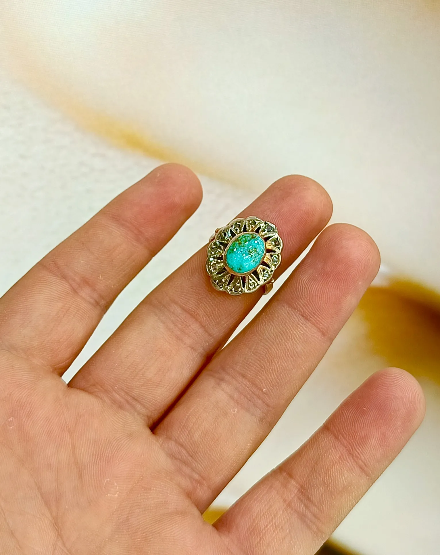 Antika Elmas Ve Firuze Taşlı Yüzük