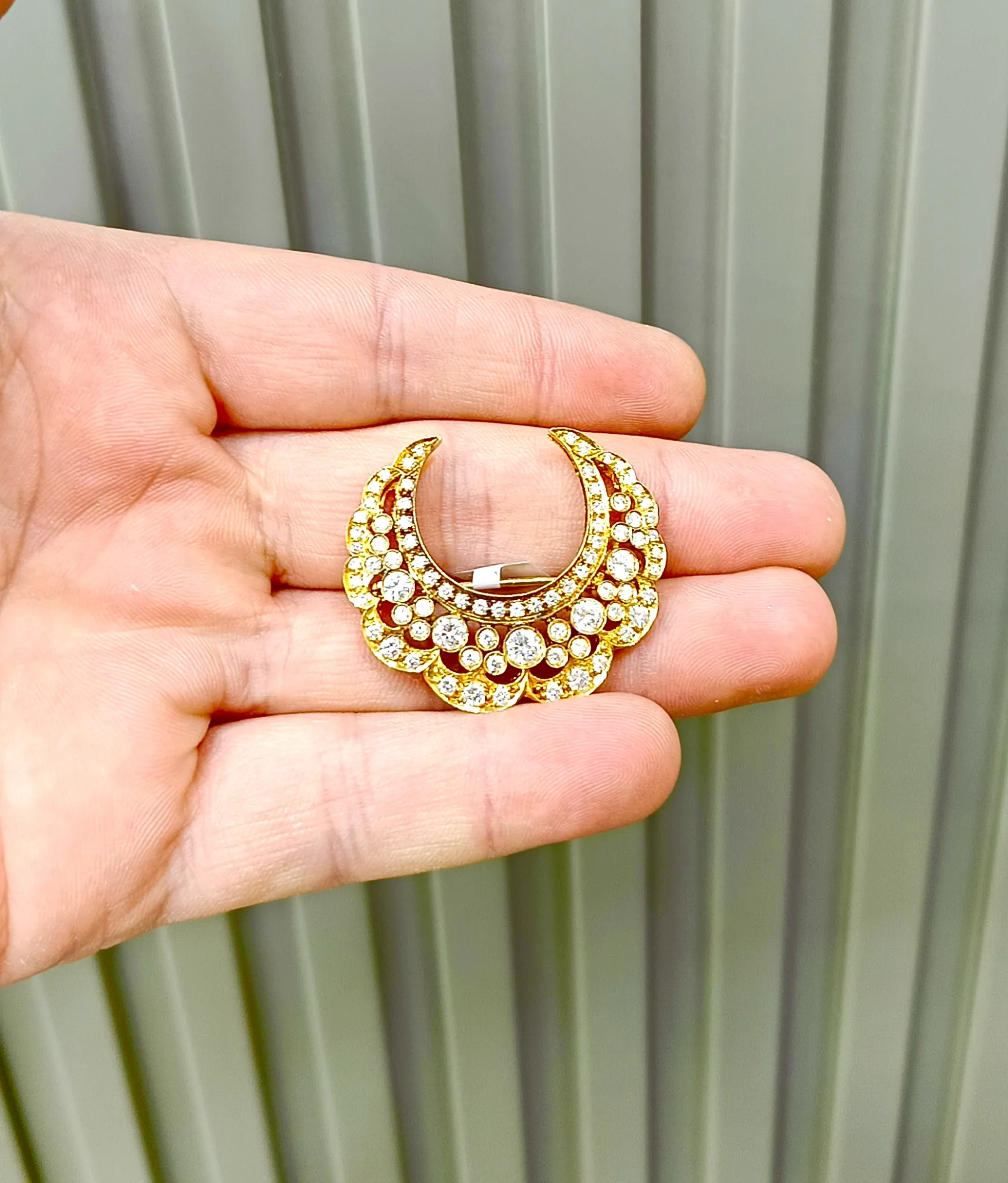 Antika Pırlanta Taşlı Özel Tasarım Ay Broş