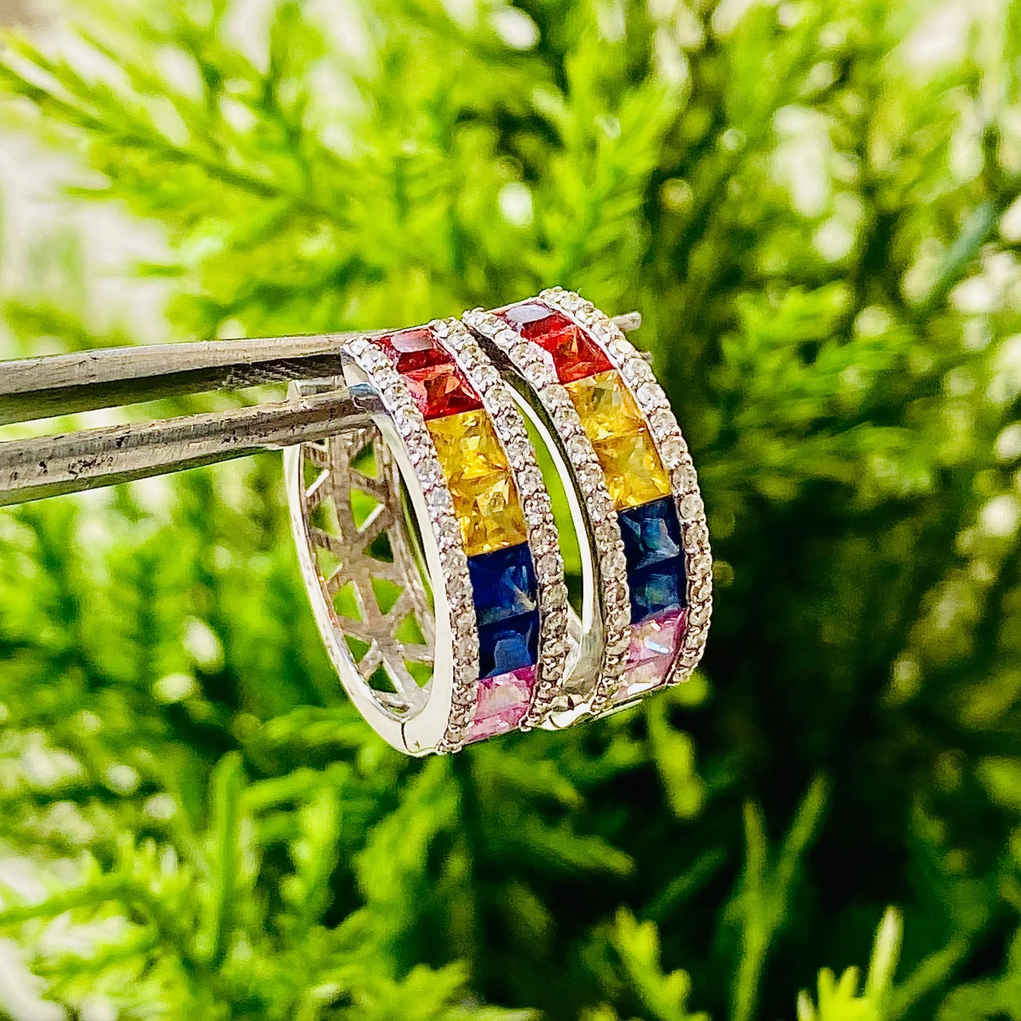 Pırlanta,Safir,Garnet,Citrin,Pembe Quartz Taşlı Halka Küpe