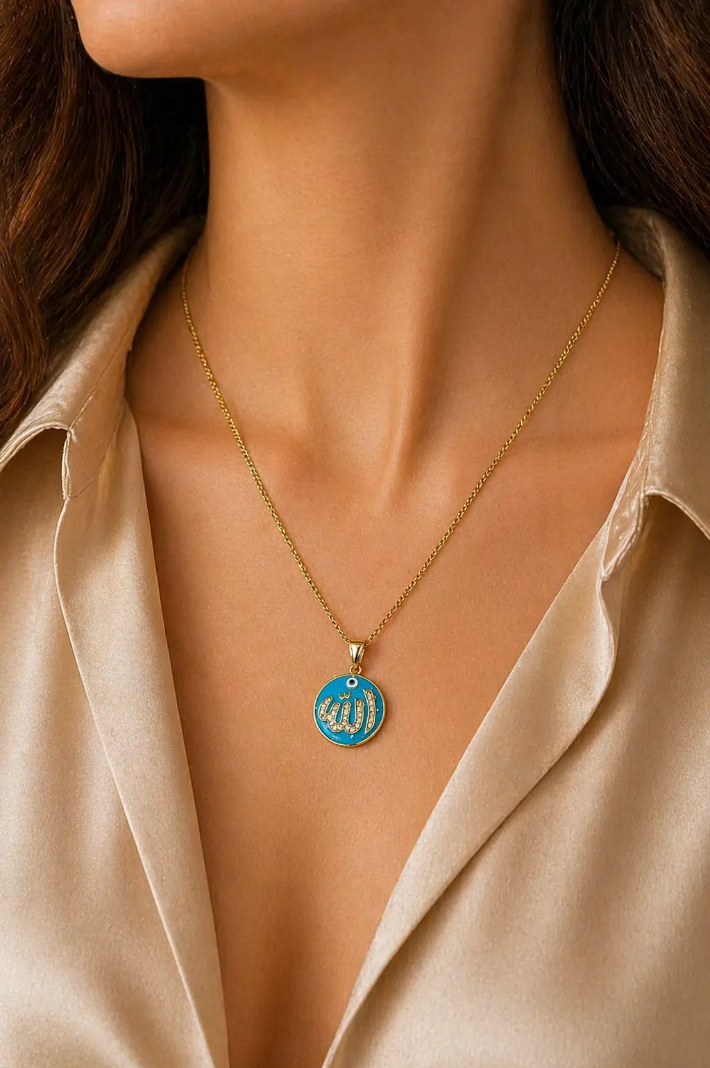 Favori Marka Mavi Mineli Allah Yazılı Kolye